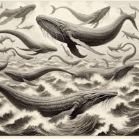 a drawing of a group of whales in the ocean